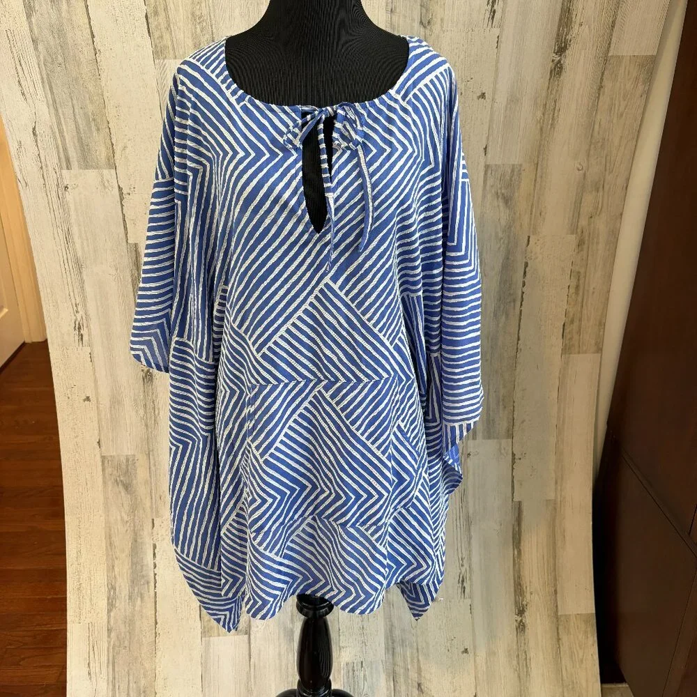 Echo Women's Size Small Tunic Swim Coverup Kimono Sleeves Blue/White